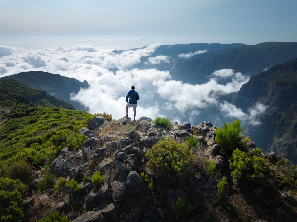 Hiker on a mountain ridge looking out over a sea of clouds